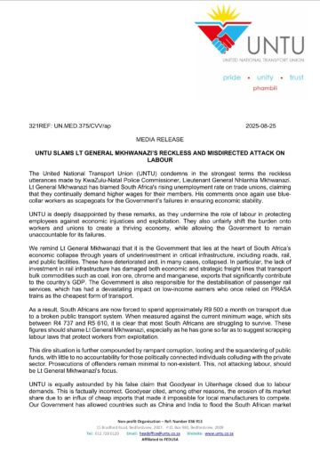 [UNTU MEDIA STATEMENT] UNTU SLAMS LT GENERAL MKHWANAZI’s RECKLESS AND MISDIRECTED ATTACK ON LABOUR