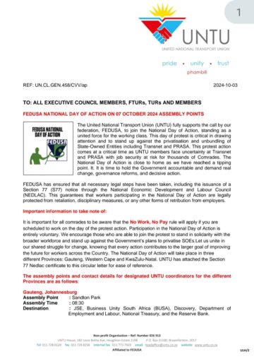 FEDUSA NATIONAL DAY OF ACTION ON 07 OCTOBER 2024 ASSEMBLY POINTS