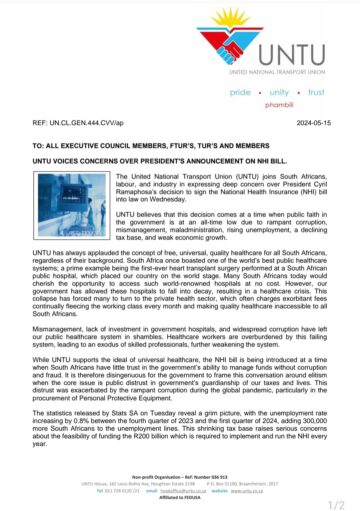 UNTU VOICES CONCERNS OVER PRESIDENT’S ANNOUNCEMENT ON NHI BILL.