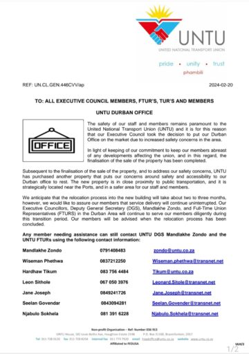 FEEDBACK: UNTU DURBAN OFFICE.