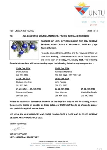 CLOSURE OF UNTU OFFICES DURING THE 2024 FESTIVE  SEASON: HEAD OFFICE & PROVINCIAL OFFICES (Cape  Town & Durban)