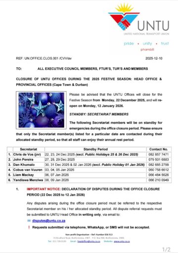 CLOSURE OF UNTU OFFICES DURING THE 2025 FESTIVE SEASON: HEAD OFFICE &  PROVINCIAL OFFICES (Cape Town & Durban)