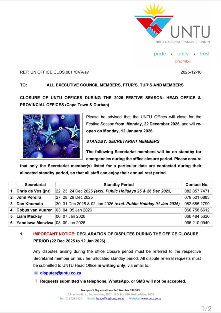 CLOSURE OF UNTU OFFICES DURING THE 2025 FESTIVE SEASON: HEAD OFFICE & PROVINCIAL OFFICES (Cape Town & Durban)