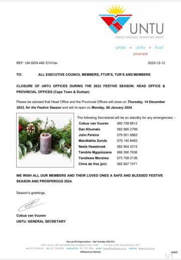 CLOSURE OF UNTU OFFICES DURING THE 2023 FESTIVE SEASON: HEAD OFFICE & PROVINCIAL OFFICES (Cape Town & Durban).