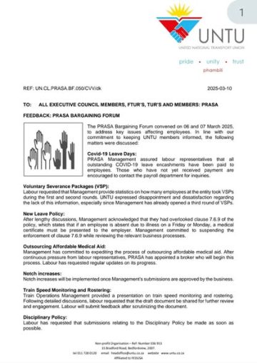 FEEDBACK: PRASA BARGAINING FORUM