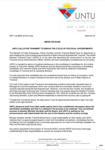 UNTU CALLS FOR TRANSNET TO BREAK THE CYCLE OF POLITICAL APPOINTMENTS.