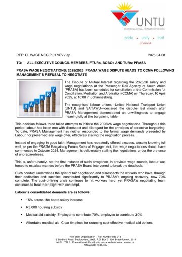 PRASA WAGE NEGOTIATIONS: 2025/26 PRASA WAGE HEADS TO CCMA FOLLOWING MANAGEMENT’S REFUSAL TO BARGAIN