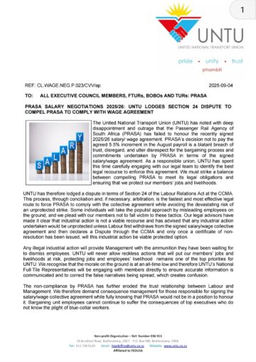 PRASA/SALARY WAGE UPDATE: UNTU LODGES SECTION 24 DISPUTE TO COMPEL PRASA COMPLY WITH SIGNED AGREEMENT