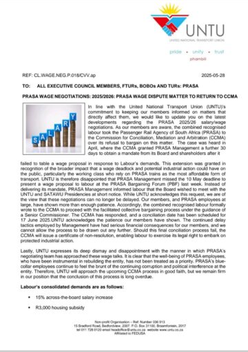 PRASA WAGE NEGOTIATIONS: 2025/26 PRASA WAGE DISPUTE TO RETURN TO CCMA