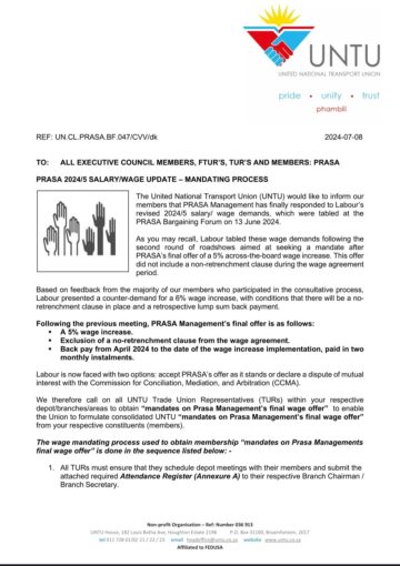 PRASA 2024/5 SALARY/WAGE UPDATE – MANDATING PROCESS