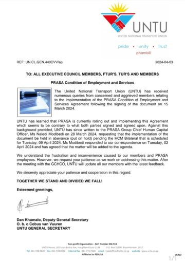 FEEDBACK: PRASA CONDITION OF EMPLOYMENT AND SERVICES.