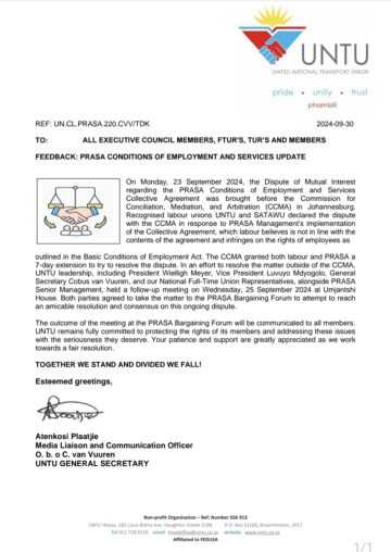 FEEDBACK: PRASA CONDITIONS OF EMPLOYMENT AND SERVICES UPDATE.