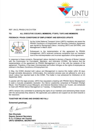 FEEDBACK: PRASA CONDITIONS OF EMPLOYMENT AND SERVICES UPDATE