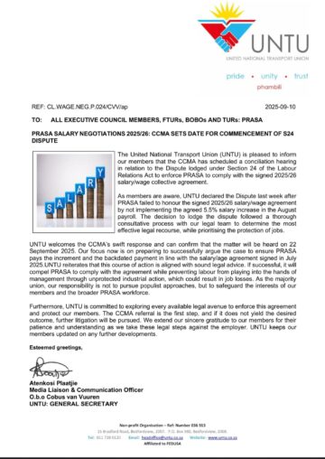 FEEDBACK: PRASA SALARY NEGOTIATIONS 2025/26: CCMA SETS DATE FOR COMMENCEMENT OF S24 DISPUTE