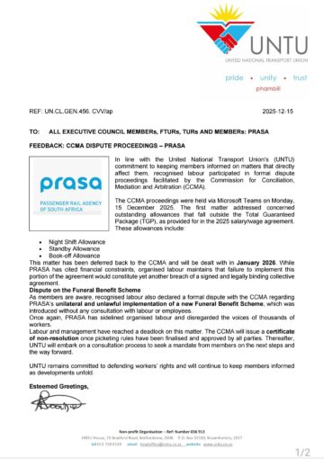 FEEDBACK: CCMA DISPUTE PROCEECINGS( PRASA)