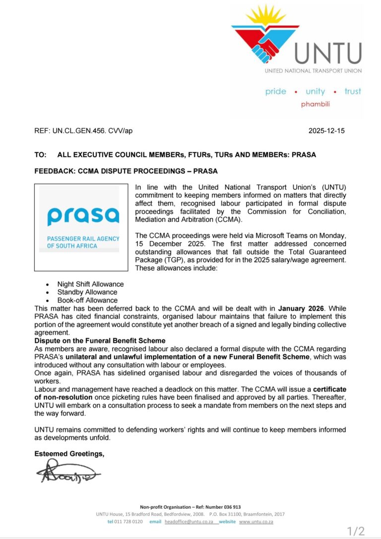 FEEDBACK: CCMA DISPUTE PROCEECINGS( PRASA)