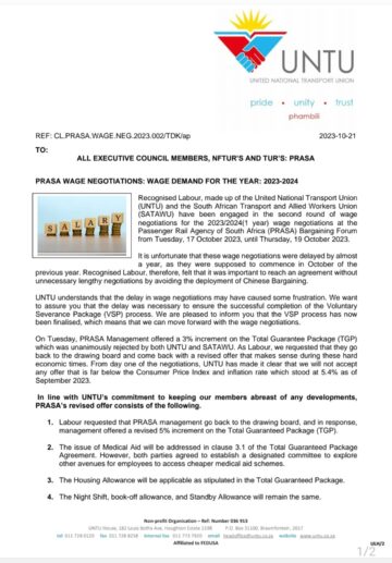 FEEDBACK: PRASA NEGOTIATIONS WAGE DEMANDS FOR THE YEAR 2023-2024.