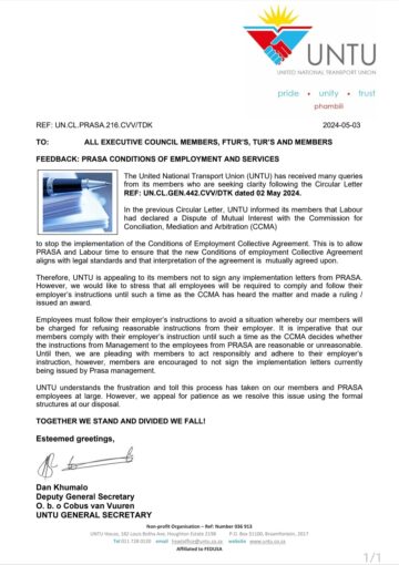 FEEDBACK: PRASA CONDITIONS OF EMPLOYMENT AND SERVICES.