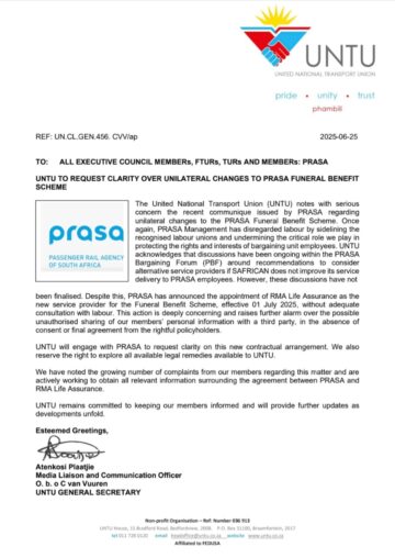 UNTU TO REQUEST CLARITY OVER UNILATERAL CHANGES TO PRASA FUNERAL BENEFIT SCHEME