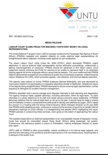 LABOUR COURT SLAMS PRASA FOR MISUSING TAXPAYERS’ MONEY ON LEGAL  REPRESENTATION