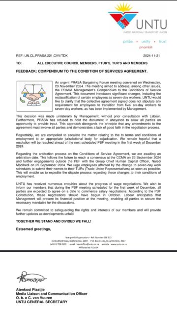 FEEDBACK: COMPENDIUM TO THE CONDITION OF SERVICES AGREEMENT: