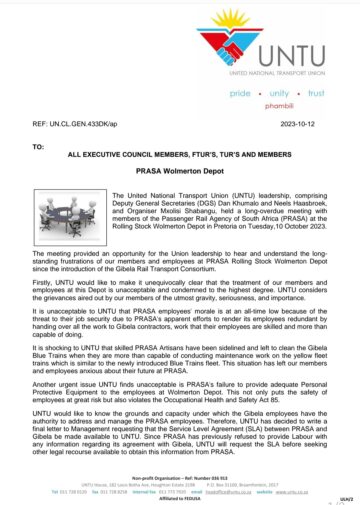 FEEDBACK: PRASA WOLMERTON DEPOT