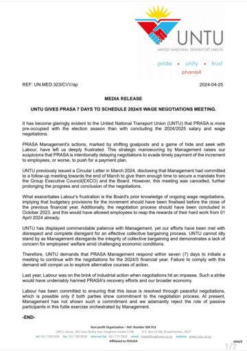UNTU GIVES PRASA 7 DAYS TO SCHEDULE 2024/5 WAGE NEGOTIATIONS MEETING