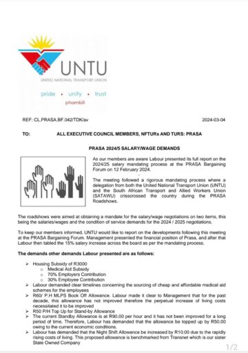 PRASA 2024/2025 SALARY/WAGE DEMANDS.