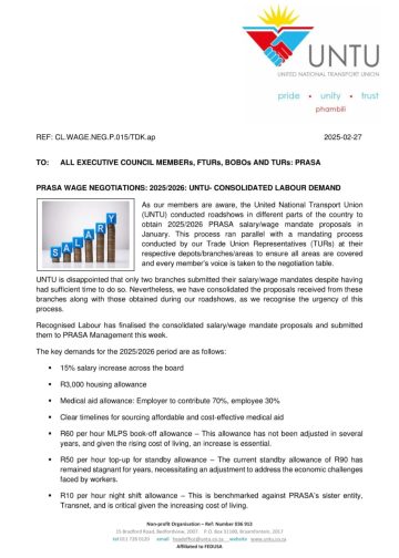 PRASA WAGE NEGOTIATIONS: 2025/2026: UNTU- CONSOLIDATED LABOUR DEMAND