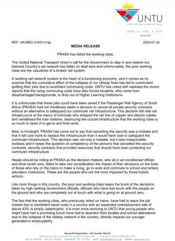 PRASA HAS FAILED THE WORKING CLASS