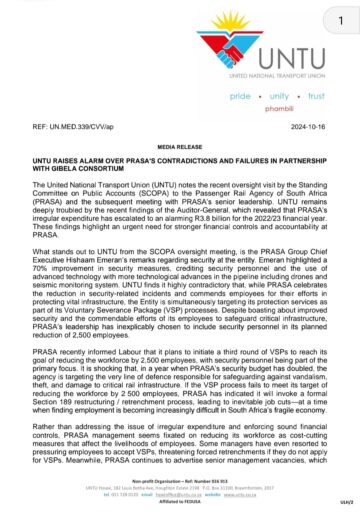 UNTU RAISES ALARM OVER PRASA’S CONTRADICTIONS AND FAILURES IN PARTNERSHIP WITH GIBELA CONSORTIUM.