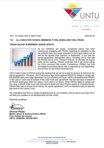 PRASA 2025/26 SALARY/WAGE AGREEMENT UPDATE