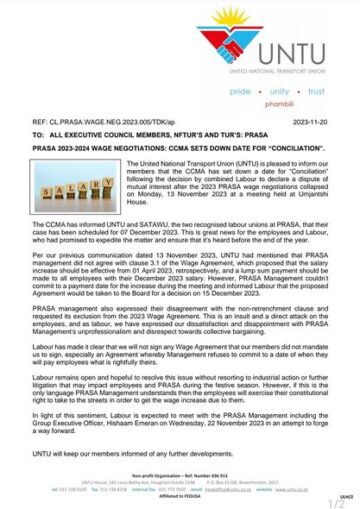 PRASA 2023-2024 WAGE NEGOTIATIONS: CCMA SETS DOWN DATE FOR “CONCILIATION”.