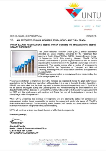 UPDATE: PRASA COMMITS TO IMPLEMENTING 2025/26 SALARY/WAGE AGREEMENT