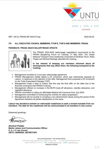 FEEDBACK: PRASA 2024/5 SALARY/WAGE UPDATE.