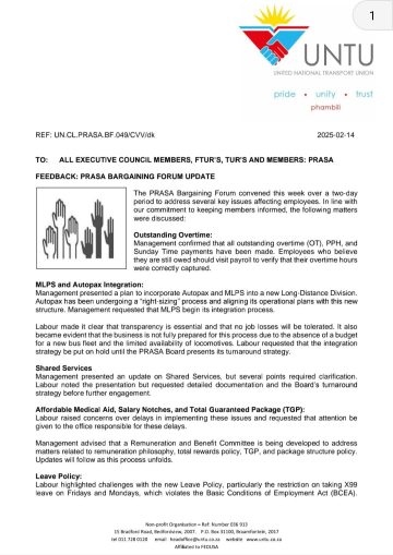 FEEDBACK: PRASA BARGAINING FORUM