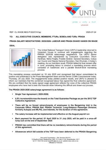 PRASA SALARY/WAGE NEGOTIATIONS: 2025-2026- LABOUR AND PRASA SHAKE HANDS ON WAGE DEAL