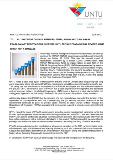 PRASA SALARY NEGOTIATIONS: 2025/26 UNTU TO TAKE PRASA’s FINAL REVISED WAGE OFFER FOR A MANDATE