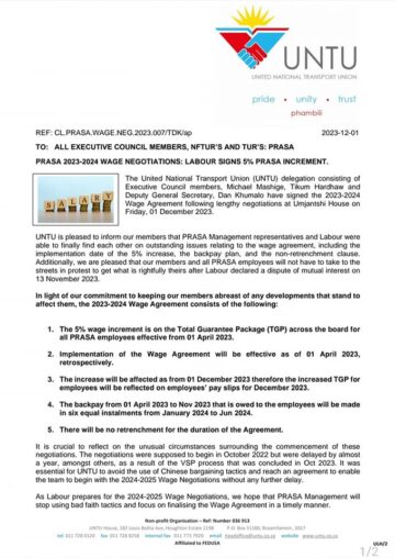 LABOUR SIGNS 5% PRASA INCREMENT