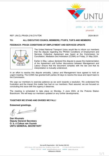 FEEDBACK: PRASA CONDITIONS OF EMPLOYMENT AND SERVICES UPDATE.