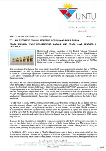 PRASA 2023-2024 WAGE NEGOTIATIONS: LABOUR AND PRASA HAVE REACHED A DEADLOCK.