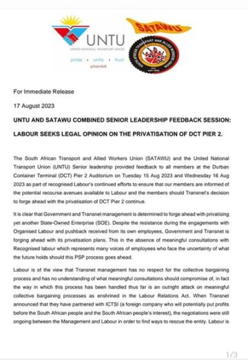 UNTU AND SATAWU COMBINED SENIOR LEADERSHIP FEEDBACK SESSION: LABOUR SEEKS LEGAL OPINION ON THE PRIVATISATION OF DCT PIER 2