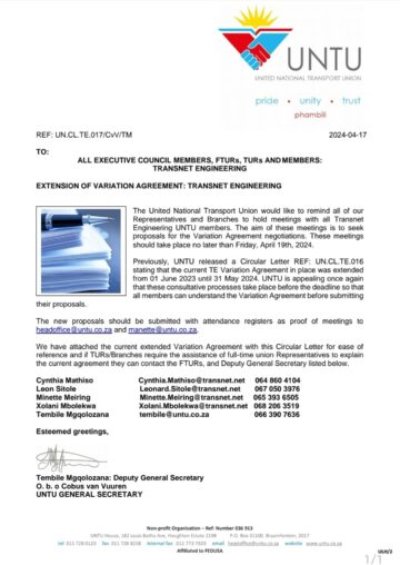 REMINDER-EXTENSION OF VARIATION AGREEMENT: TRANSNET ENGINEERING