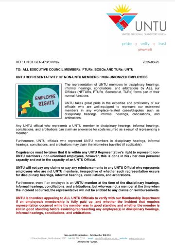 UNTU REPRESENTATIVITY OF NON-UNION UNTU MEMBERS/ NON-UNIONISED EMPLOYEES