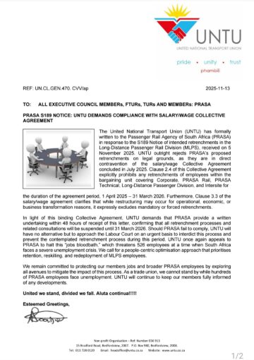 FEEDBACK: PRASA S189 NOTICE UNTU DEMANDS COMPLIANCE WITH SALARY/WAGE AGREEMENT