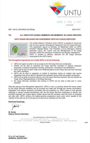 UNTU SIGNS RECOGNITION AGREEMENT WITH SA CARGO SERVICES