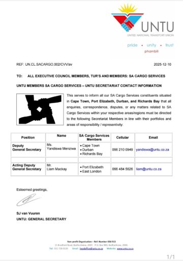 UNTU MEMBERS: SA CARGO SERVICES UNTU SECRETARIAT CONTACT INFORMATION