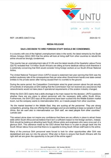 SAA’s DECISION TO HIRE FOREIGN STAFF SHOULD BE CONDEMNED