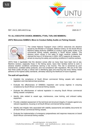 UNTU Welcomes SAMSA’s Move to Conduct Safety Audits on Fishing Vessels