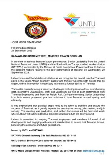 UNTU AND SATAWU MET WITH MINISTER PRAVIN GORDHAN